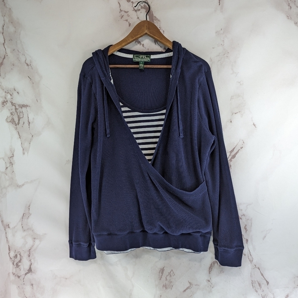 Lauren Ralph Lauren Shirt Womens XL Blue White Striped Hoodie Waffle Thermal